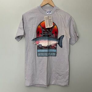 NWT Vintage Hanes Beefy-T Gray Fishing Graphic Tee Single Stitch made in USA